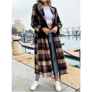Cozy Brown Tan Plaid Tassel Open Front Long Jacket Shacket